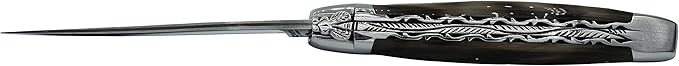 Laguiole en Aubrac Handcrafted Double Plated Folding Pocket Knife, 4.8-in (12cm), Solid Horn Handle, Damascus Blade, Stainless Steel Shiny Bolsters