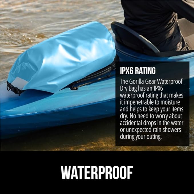 Gorilla Gear Heavy Duty 100% Waterproof IPX 6 Dry Bag, Tear and Puncture Resistant Bags, Kayaking Boating Hiking Camping Swimming Water Sports, Lightweight Outdoor Wet Storage Backpack, 20L Light Blue
