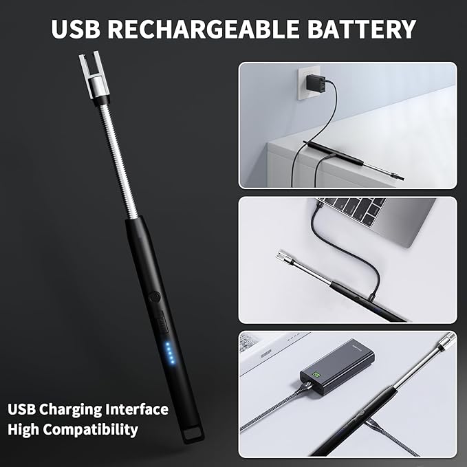 Rechargeable Candle Lighter, Electric Lighter with LED Power Display, flameless Windproof Long Lighter, 360° Flexible Neck, for Candles, Camping, Barbecue(2 Pack)
