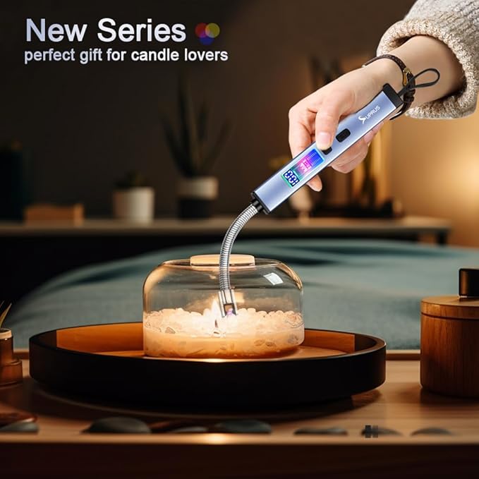 SUPRUS Electric Candle Lighter USB-C Rechargeable with Digital Battery Display Ambient Lighting Safety Switch 360° Flexible Neck Flameless Plasma Windproof Perfect for Candle BBQ Camping (Blue)