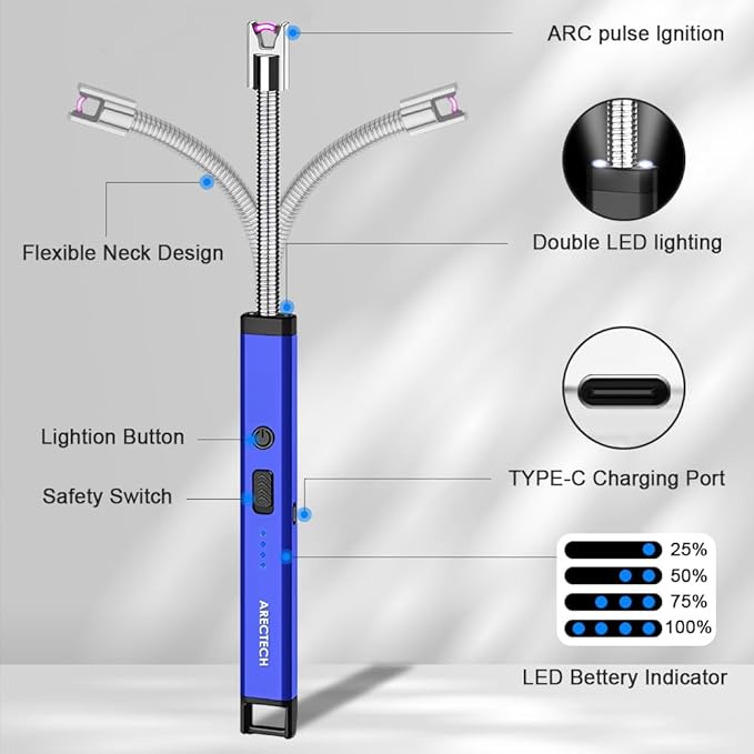 ARECTECH Lighter Candle Lighter Electric Lighter Rechargeable USB Arc Lighters for Candle Camping Fireworks Christmas Birthday Gifts with LED Light for Men Women Blue