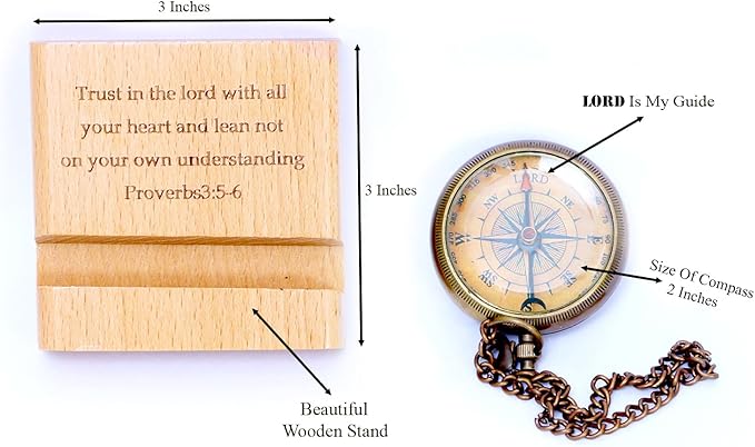 Trust in The Lord with All Your Heart - Proverbs 3: 5-6 Quote Engraved Compass with Wooden Stand, Christian Gift for Men for Women God's Compass Baptism Gifts | Graduation Gifts 2025 | Desk Decor