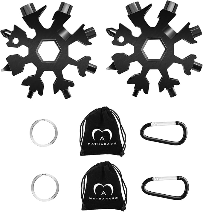 Snowflake Multitool, 2pcs Snowflake Tool Stainless Steel 18 in 1 Snowflake Multitool with Carabiner Clip, Keyring and Storage Bag for Christmas Gift Men's Present(double black)