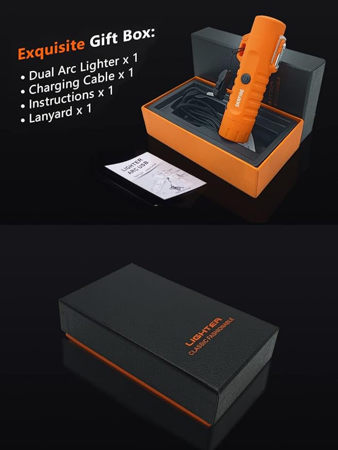 SKRFIRE Waterproof Windproof Outdoor Lighter USB Rechargeable Double Arc Plasma Electric Lighter with Flashlight Compass for Lighting, Camping, Survival, Tactical (Orange)