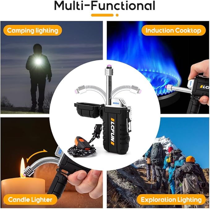 LcFun Electric Dual Arc Lighter USB Rechargeable, Windproof Plasma Lighters with LED Battery Indicator, Waterproof Flashlight Lighter with Whistle Lanyard for Camping, Survival Gear