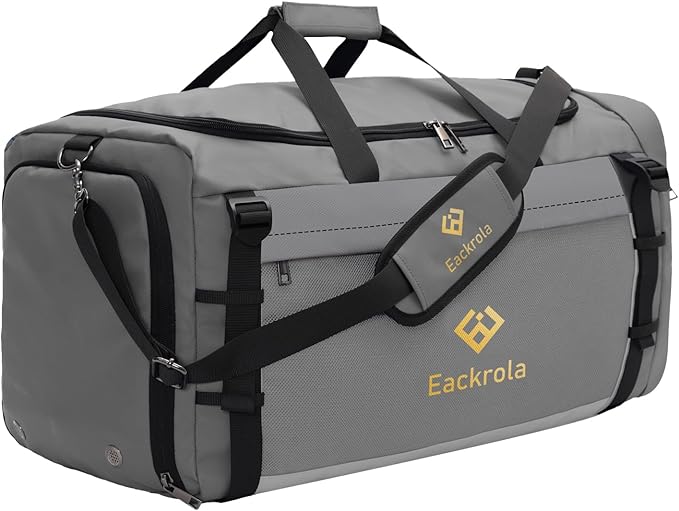 Eackrola Extra Large Sports Gym Bag, Travel Duffel bag with Wet Pocket & Shoes Compartment for men women, 85L, Lightweight (Light Gray)