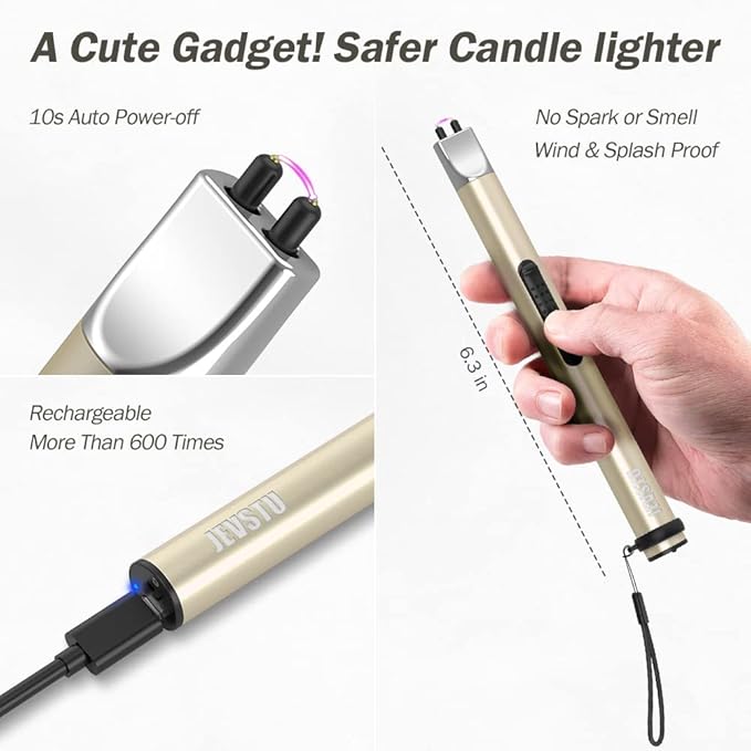 Candle Lighter, Electric Lighter Rechargeable USB Lighter, Arc Windproof Flameless Plasma Lighter Long Stick with Rope and Ring, No Butane Fluid, Perfect for Candle BBQ Camping Kitchen Stove, Gold