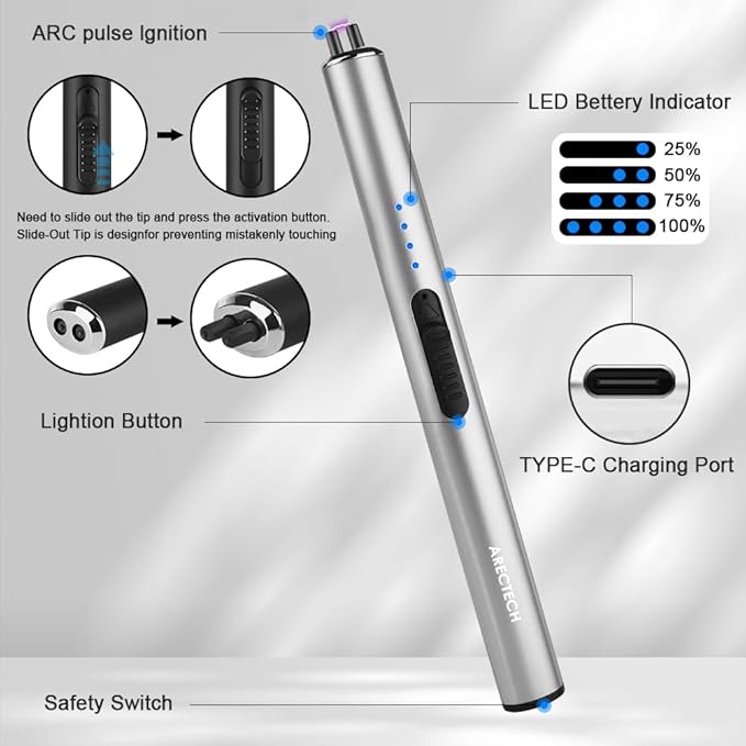 ARECTECH Electric Candle Lighter Rechargeable Lighter Arc Plasma Lighters for Candle Kitchen Camping Christmas Type-C Silver
