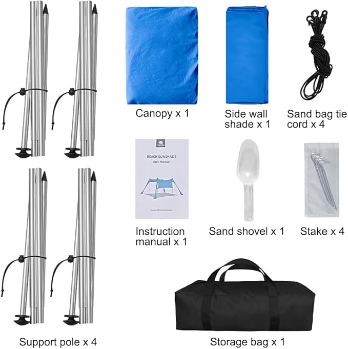 Beach Canopy Tent Shade with Sidewalls 10x10FT, 6.6FT Tall, UPF50+ Sun Shelter, Windproof & Water Resistant, Includes Guylines Sand Shovel Stability Poles, Easy Up for Beach Outdoor Camping Backyard