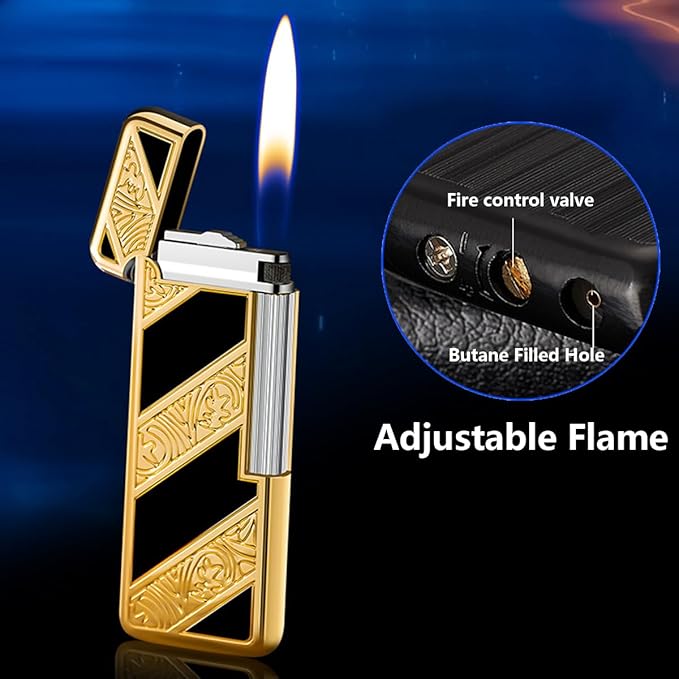 Open Flame Lighter, Classic Retro Lighter, Adjustable Open Fire Butane Flame Lighter, Slide Sliding Wheel Ignition Lighter for Kitchen, Indoor, Outdoor, Grill, Men's Gifts (Red Silver)