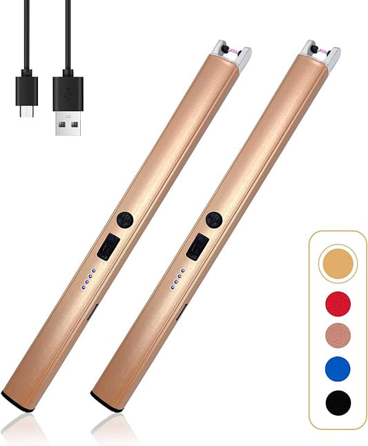 2 PCS Candle Lighter,Windproof Flameless Electric Lighter with LED Power Display & Safety Switch, Upgraded Plasma USB Rechargeable Lighter for Birthday Camping BBQ (Champagne Gold)