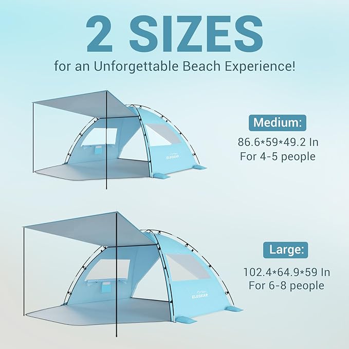 Elegear Beach Tent Sun Shelter with Canopy, 6-8 Person Pop Up Beach Tent, Easy Setup UPF 50+ UV Protection Portable Lightweight Double Silver Coating Beach Cabana Sun Shade Shelter - Sky Blue