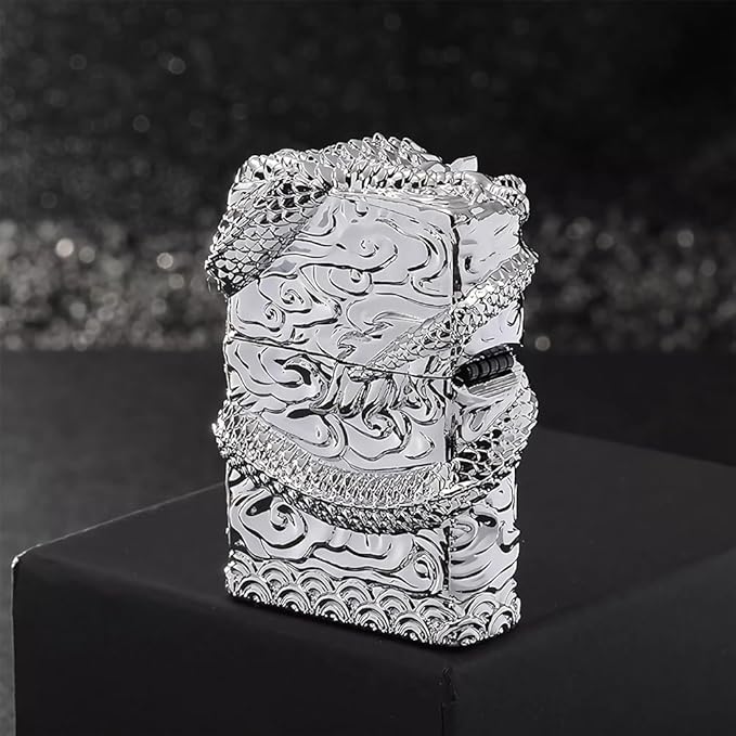 Dragon Lighter Premium Kerosene Soft Flame Lighter with Adjustable Flame, Refillable, Windproof and Pocket Size for Outdoor Camping, Travel, and Household Use (Silver)