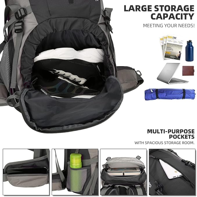 King'sGuard 70L Hiking Backpack Large Lightweight Waterproof Camping Backpack Travel Backpacking Backpack Daypack with Rain Cover -Frameless (Black)