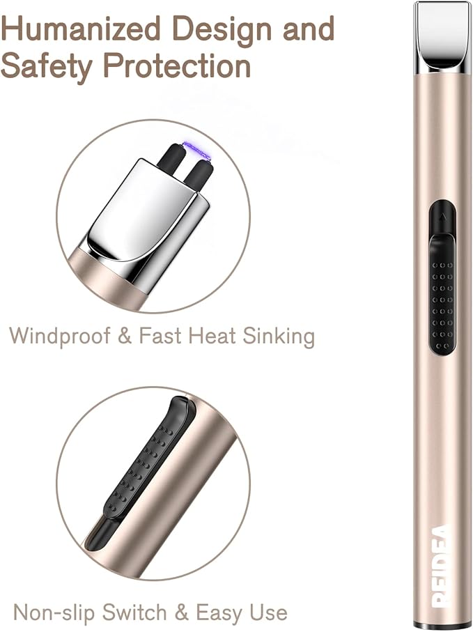 REIDEA Lighter S4 Electronic Candle Lighter USB Rechargeable with Security Lock, Windproof Fast Heat Sinking, Non-Slip Switch Electronic Lighter for Candle, Grill, Camping (Champagne Gold + White)