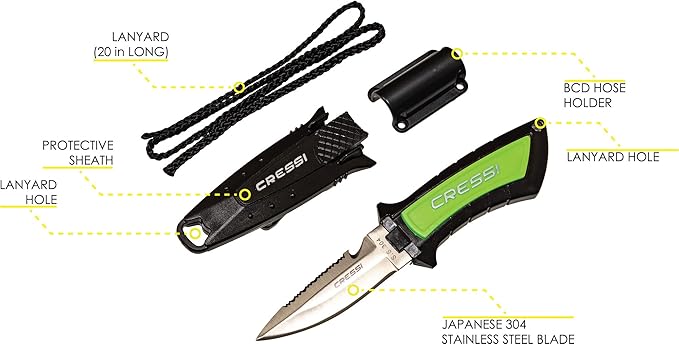 Cressi Short Blade Knife for Scuba Diving and Spearfishing with Quick-Release Sheath & Hose Holder - Lima: designed in Italy