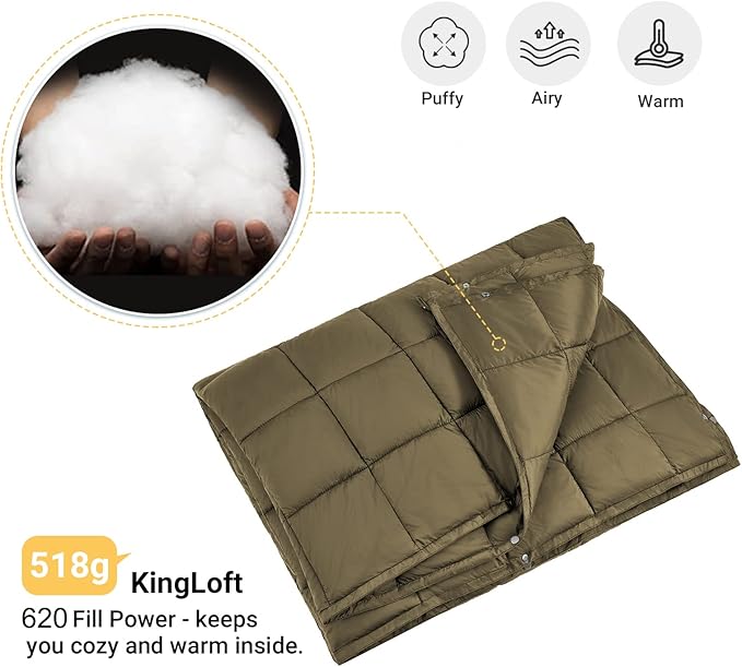 KingCamp Lightweight Camping Blanket, Multifunctional Wearable Warm Compact Water-Resistant Blanket for Cold Weather, Travel, Outdoor, Hiking, Backpacking, Stadium, 620 FP, Olive