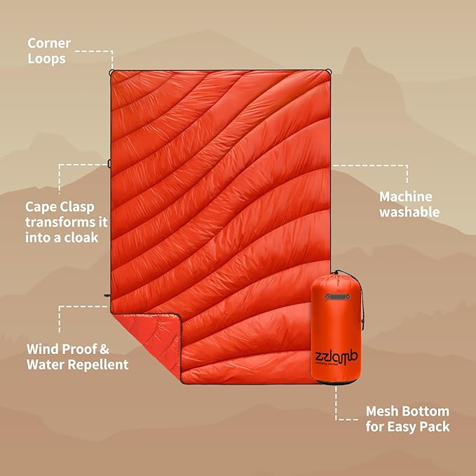 zzlamb Camping Blanket, Lightweight Cloak Puffy Down Alternative Travel Blanket, Portable & Windproof Warm Outdoor Blanket, Cozy Quilt Plane Car Picnic Hammock Beach Backpacking, 52x75in