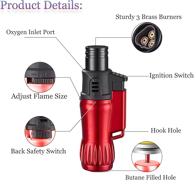 Torch Lighter, 2 Pack of Jet Flame Butane Lighter Refillable Gas Lighter Windproof Lighters Jet Torch Lighter for Candle, Campfire, Kitchen,Grill, Camping(without Butane)-Black+Red