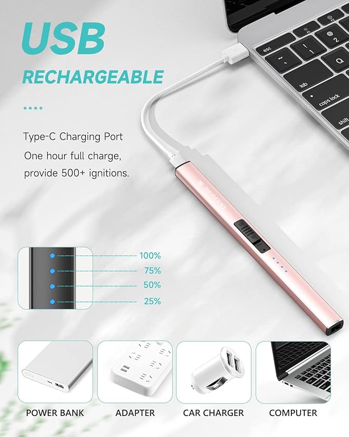 Candle Lighter, Electric Rechargeable Arc Lighter with LED Battery Display Portable USB Charging Flame-Less Windproof Lighters for Light Candles Gas Stoves Camping Barbecue(Rose Gold)