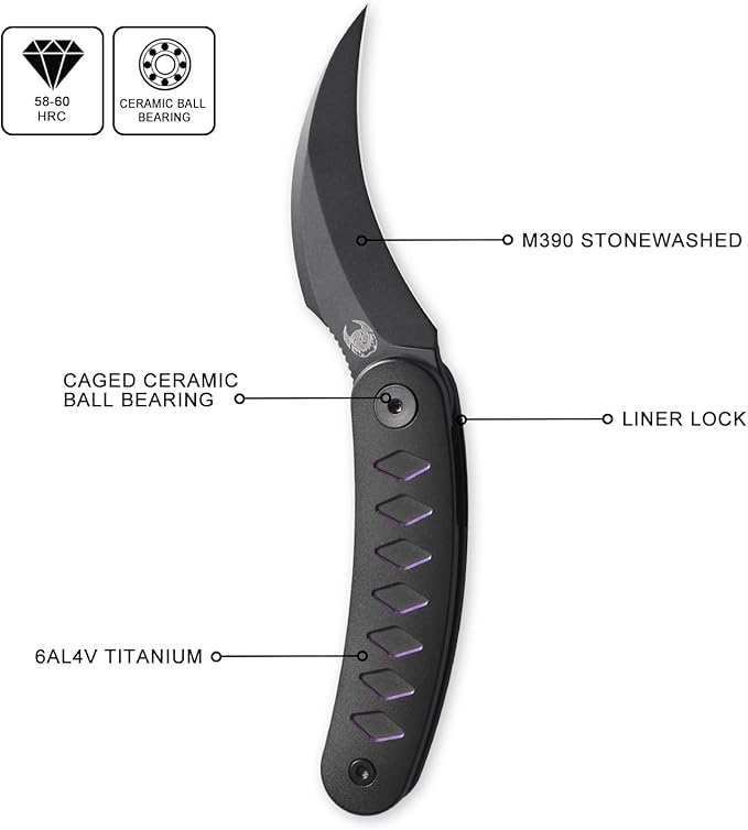 Knife Kage-C03 Front Flipper Knife,2.52" M390 Stonewashed Blade Pocket Knife,3.39" 6AL4V Titanium Handle,Ceramic Ball Bearing with Liner Lock,Outdoor Folding Knife (Purple)