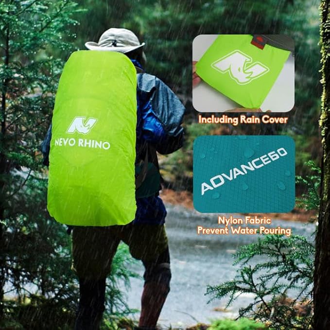 N NEVO RHINO Waterproof Hiking Backpack 50L/60L, Camping Backpack with Rain Cover, Hiking Travel Mountaineering Backpack
