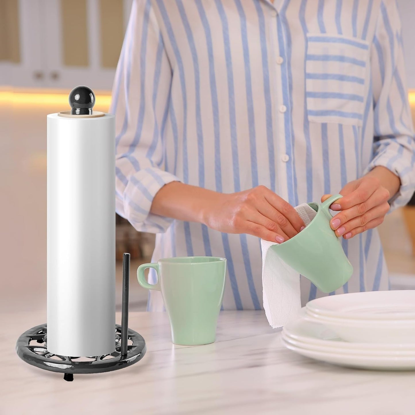 JOGREFUL Paper Towel Holder Stand, Cast Iron Kitchen Paper Towel Countertop Vintage Stand with Weighted-Base, Bathroom Organization for Family Standard Large Size Roll Paper, Classic Style, Black