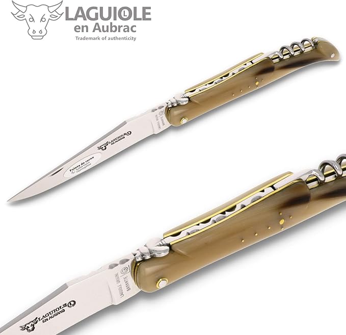 Laguiole en Aubrac Handmade Knife 12 cm Corkscrew L0612PCLF, Full Horn tip Handle, Blade Stainless Steel Shiny