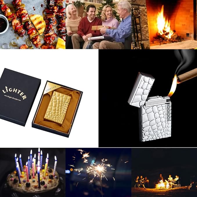 Lighters Soft Flame Lighter Traditional Flame Cigar Lighter with Adjustable Flame Dial Vertical Ignition Roller Good for Gift Outdoor Camping Hiking Fishing Grill Adventure Candle (Gold01)