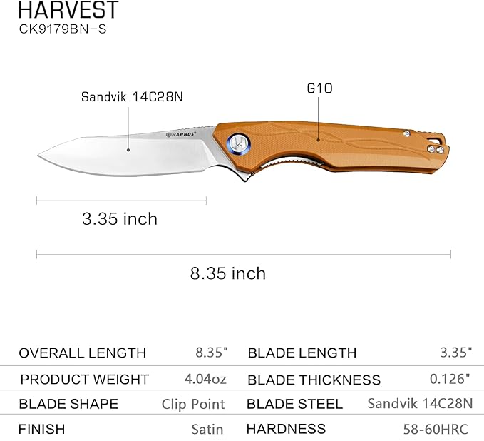 Harvest Pocket knife with Sandvik 14C28N Steel Folding Knife with G10 Handle for Camping Hunting Surviral (Brown)