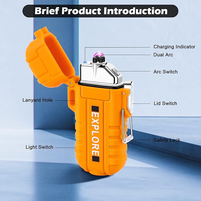 LcFun Arc Plasma Waterproof Lighter Electric Windproof Lighter USB Type C Rechargeable Flameless Cool Lighters with Flashlight and Whistle for Camping, Survival,Outdoor Adventure, Tactical (Orange)