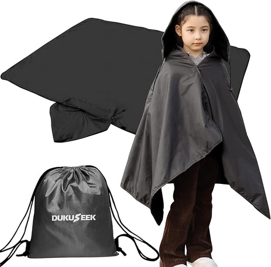 DUKUSEEK Hooded Stadium Blanket for Kids, Small Waterproof Outdoor Blankets with Fleece Linner, Kids Outdoor Wearable Blanket for Sporting Events, Camping, Picnic, Games, Stadium, 56x28