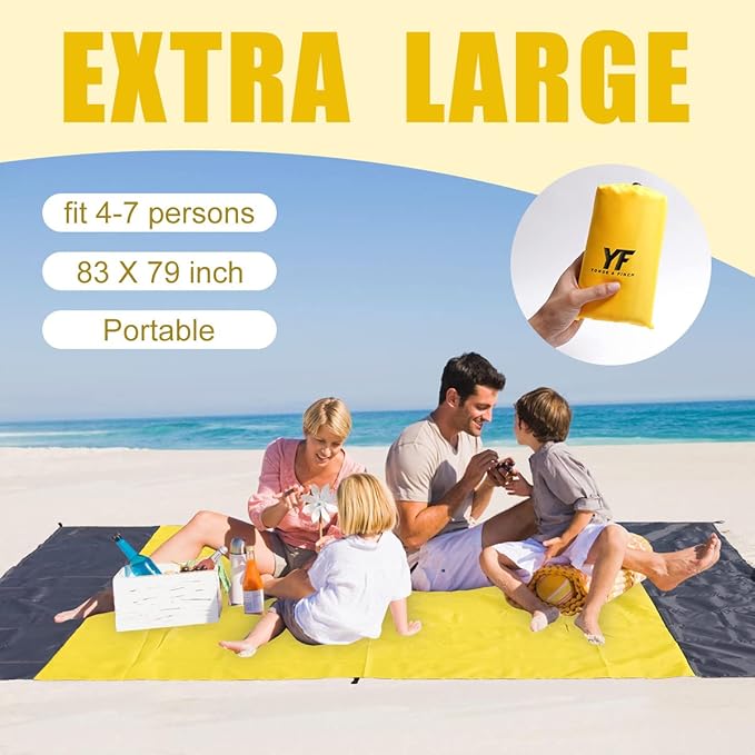 Yonge & Finch Large Beach Blanket Sandproof Heat-Resistent Beach Mat Machine Washable Camp Blanket Packable Pocket Blanket Waterproof Outdoor Blanket Fit 4-7 Persons 83 * 79inch Yellow