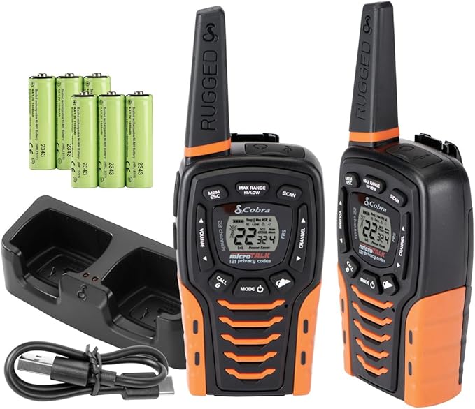 Cobra ACXT645 Waterproof Walkie Talkies for Adults - Rechargeable, 22 Channels, Long Range 35-Mile Two-Way Radio Set (Pack of 2)), Black and Orange, 1.74 x 2.54 x 6.74 inches