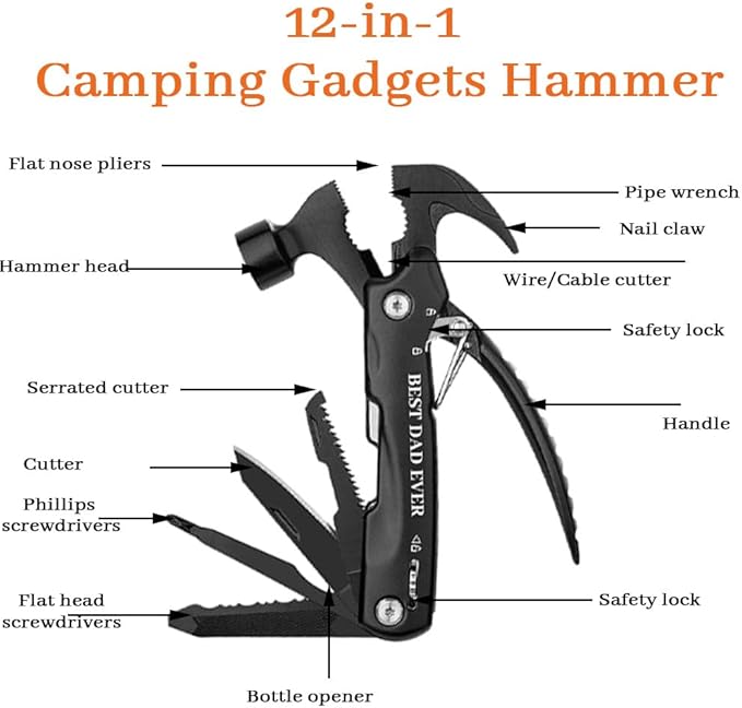 Gifts for Fathers Day Men from Daughter Son Kids, Unique Birthday Gift Ideas for Dad Grandpa Husband Him, Cool Gadgets Presents for Dad, All in One Multitool Hammer Survival Kit (Best Dad Ever)
