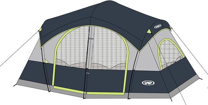 UNP Camping Tent 8/9 Person, Family Camping Tent, 5 Large Ventilation Mesh Windows, 14'x14'x78 inches Tall with Dividers Curtain for 2 Room
