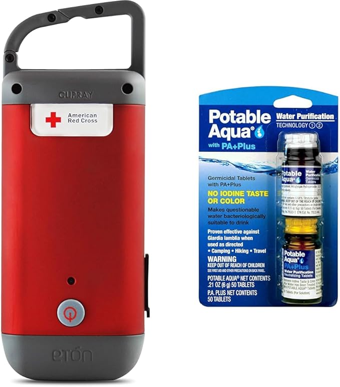 Eton Clipray Crank Flashlight & Phone Charger Pack of 2 and Potable Aqua Water Purification Tablets 2 Bottle 50ct