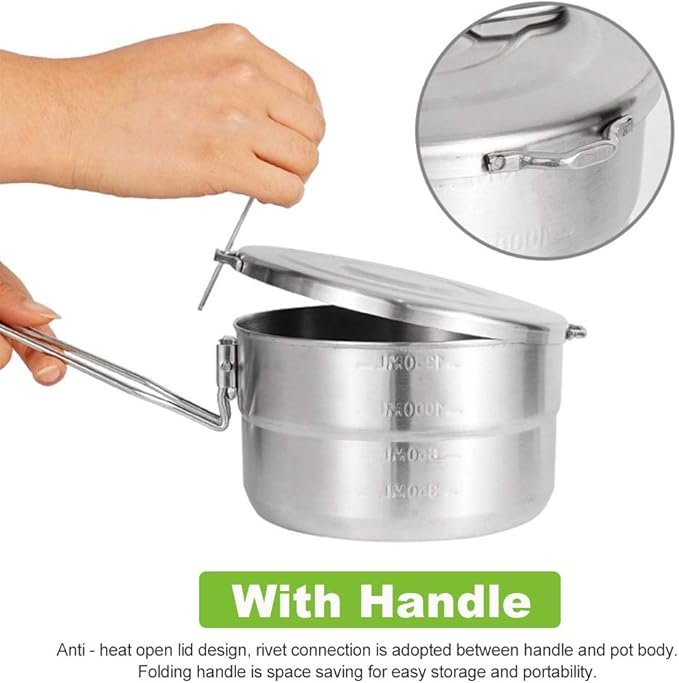 Stainless Steel Camping Cook Pot with Lid and Folding Handle Camping Cookware 1.5L Large Capacity Bento Pot for Camping, Hiking, Picnic