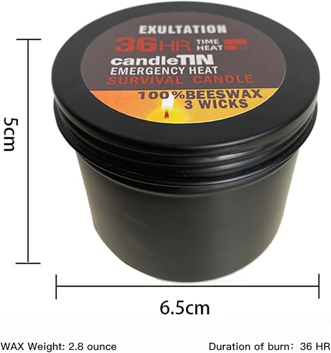 3-Wick Emergency Candle,36 Hours Long Burning, 100% Beeswax, Great Light &Heat Source for Survival, Camping, Black