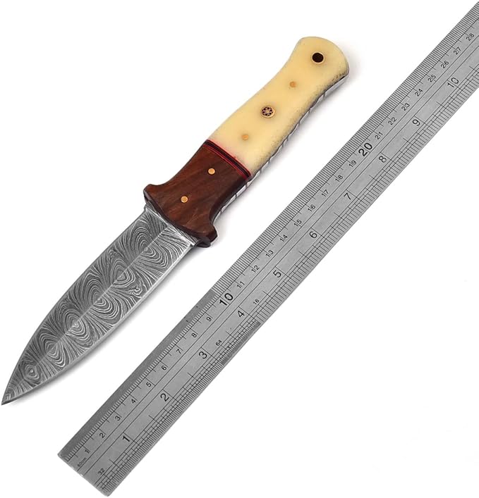 Handmade Hunting Double Edge Dagger Knife Damascus Steel Knife 8.75 Inches EDC Fixed Blade Boot Knife with Clip Leather Sheath G-508 (White Bone)