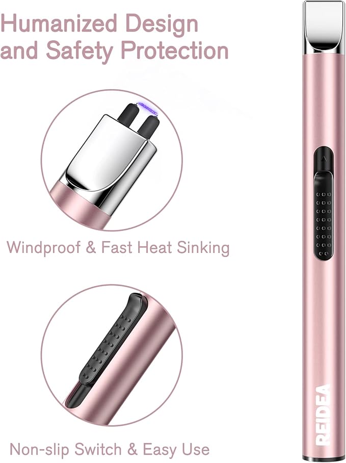 REIDEA Lighter S4 Electronic Candle Lighter USB Rechargeable with Security Lock, Windproof Fast Heat Sinking, Non-Slip Switch Electronic Lighter for Candle, Grill, Camping 2 Pack (Rose Gold + Black)