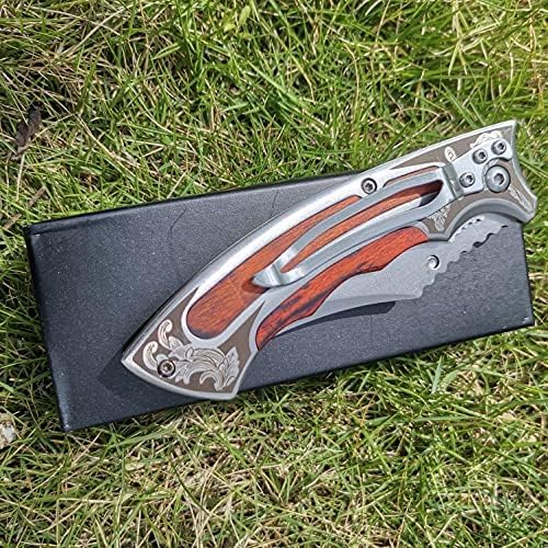 Premium Folding Knife - 7.5cm Blade, Laser Patterned Steel & Wood Handle, 57HRC Hardness, Thumb Stud Open - 19.5cm Full Length