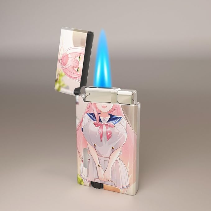 Pink Anime Girl Windproof Butane Jet Torch Lighter,Funny Cool Lighters,Adjustable Jet Flame Torch,Refillable,Grill BBQ Candle Camping(Without Gas)