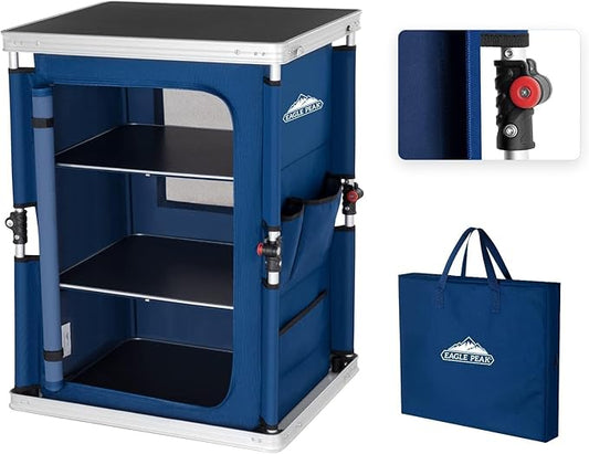 EAGLE PEAK Outdoor Folding Camping Table with Large 3-Tier Storage Organizer and Side Pockets, Easy Set Up Portable Aluminum Camping Kitchen, Blue
