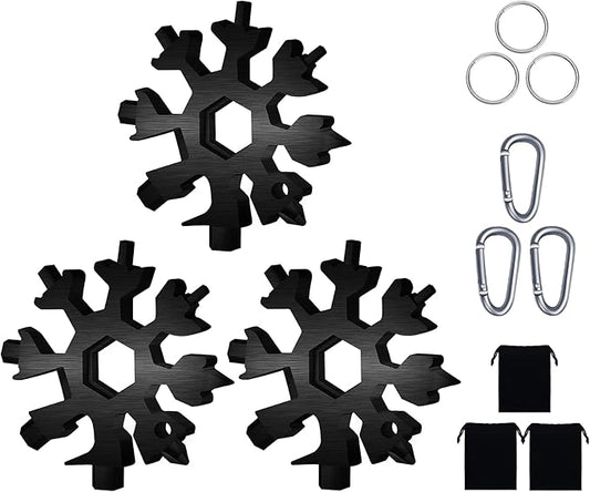 FZENeast Snowflake Multitool, 3 Pcs 18-in-1 Stainless Steel Snowflake Standard Multitool, Snowflake Wrench with Key Ring, Carabiner Clip and Storage Pouch (Black)