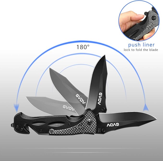 GVDV Utility Pocket Knife with 7Cr17 Stainless Steel - Folding Knife for EDC Outdoor Camping Hunting, Seatbelt Cutter, Glass Breaker for Emergencies, Black