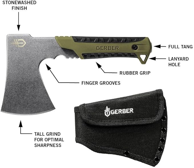 Gerber Gear Pack Hatchet - 3.5" Steel Blade with Full Tang - Camping Hatchet with Included Mountable Nylon Sheath - Sage Green