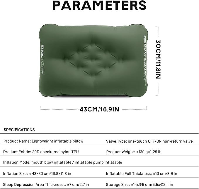 Backpacking Camping Pillow,Ultralight Inflatable Travel Pillow (11.8x16.9in) for Neck Lumbar Support,Ergonomic Lightweight Compact Hiking Blow Up Pillow for Outdoor Beach Airplane Offices