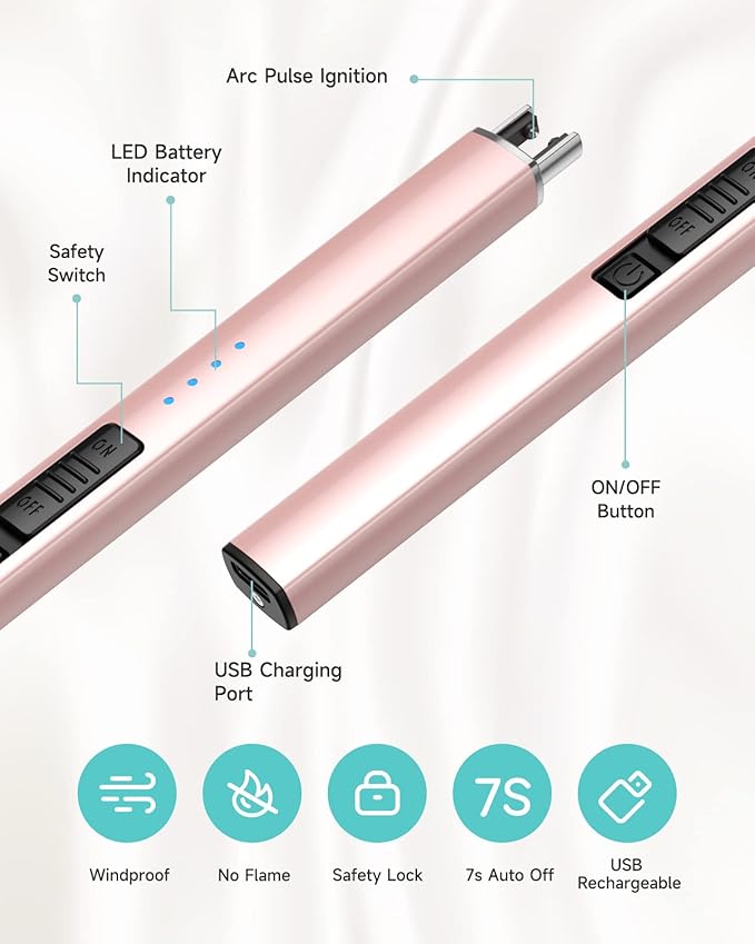 Candle Lighter, Electric Rechargeable Arc Lighter with LED Battery Display Portable USB Charging Flame-Less Windproof Lighters for Light Candles Gas Stoves Camping Barbecue(Rose Gold)