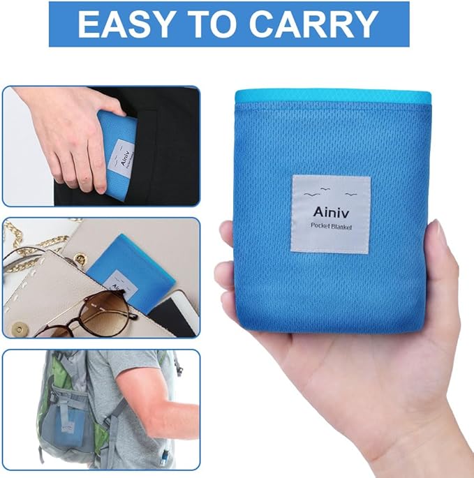 Ainiv Picnic Blanket, Mini Pocket Beach Mat 55.1 x 70.8IN (3-5 People) Foldable, Lightweight Waterproof Sand Free, Foldable Thin Ground Sheet for Outdoor Camping Hiking Travel - with Hand Strap